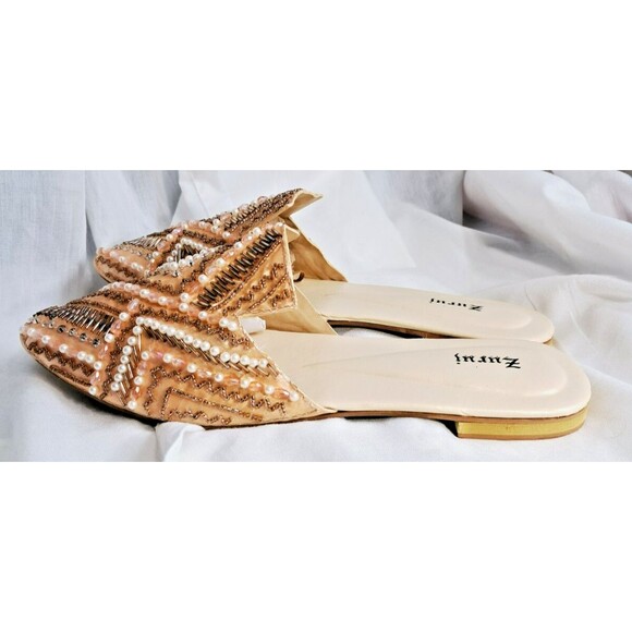 Peach Satin Embroidered Beaded Slip On Mules Zuruj Size 41 US 10 - Picture 4 of 13